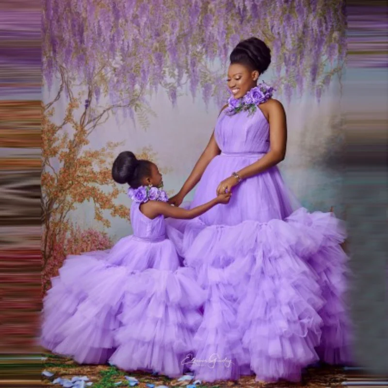 

Lavander Mom And Me Tulle Dresses For Photo Shoot Sleeveless Halter Ruffles Pleated Ball Gown Mmother And Daughter