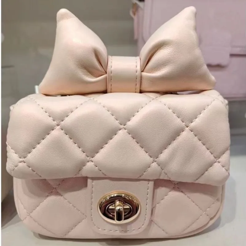 Sweet Cute Bow Shoulder Bags Women Chain Diamond Pattern Compact Crossbody Bag Ladies Balletcore Mini Versatile Small Square Bag
