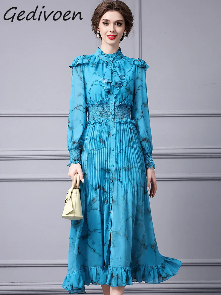 

Осеннее модное дизайнерское винтажное платье Gedivoen с рисунком, женское длинное облегающее платье с воротником-стойкой и длинным рукавом, оборками и эластичной талией