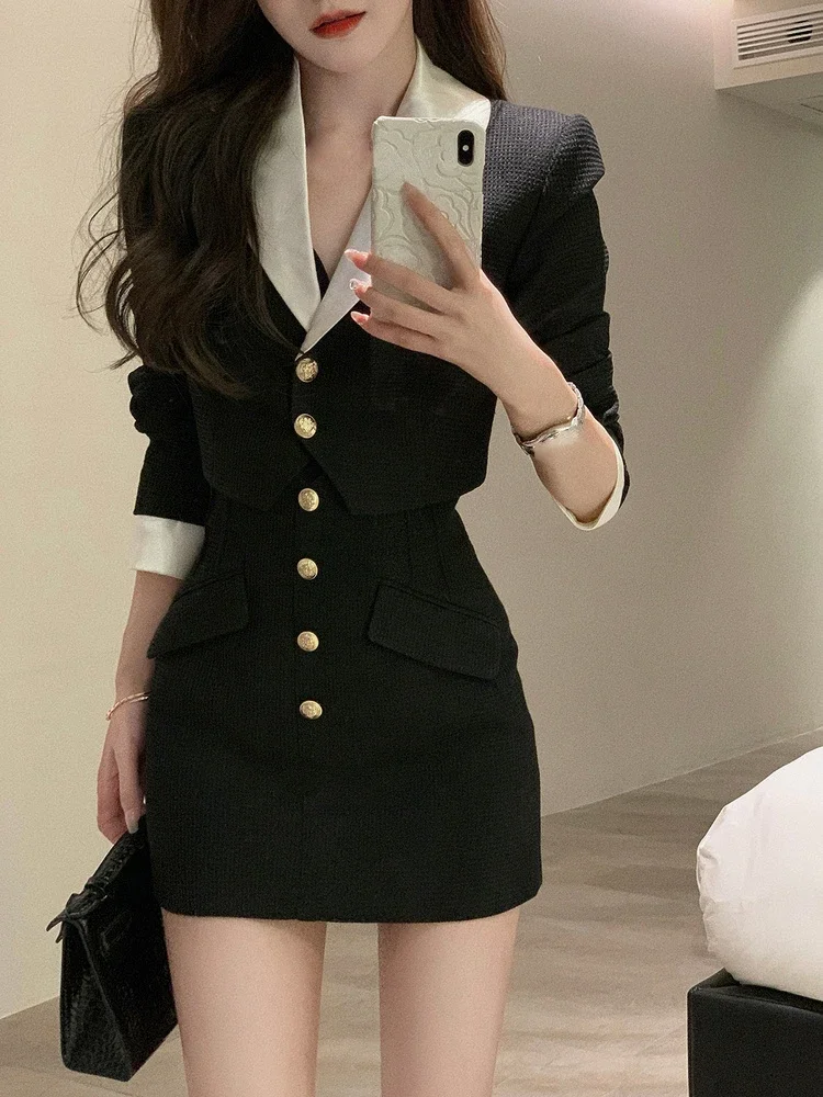 

Женский Повседневный комплект мини-юбки Y2k, черное корейское платье из 2 предметов, укороченный топ и короткая юбка, элегантный костюм, осень 2024