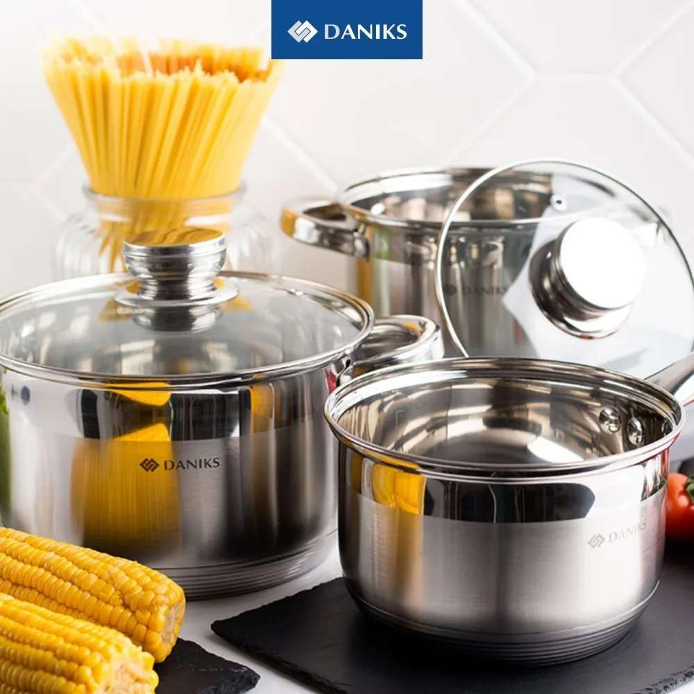 Standard 11-Piece Stainless Steel Induction Cookware Set, Saucepan, Frying Pan, Dishwasher Safe Pots, Measuring Scale, Glass Li