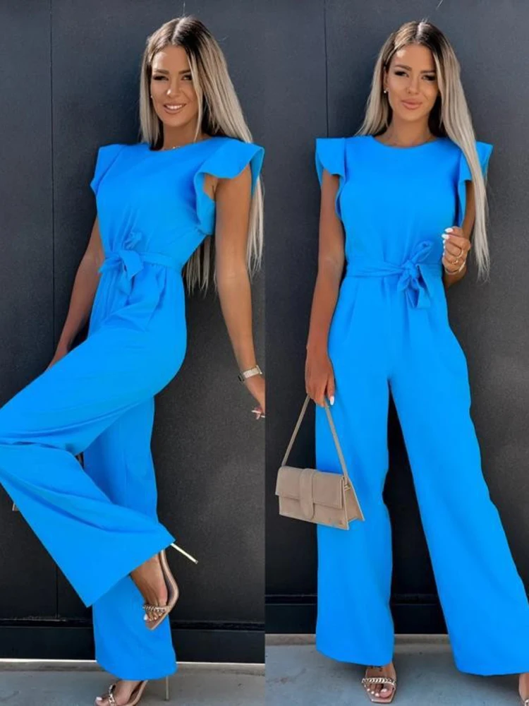 Summer Women's Jumpsuits 2023 Elegant Belt Solid Overalls Woman Jumpsuit Casual O-neck Ruffles Office Lady Wide Leg Playsuits