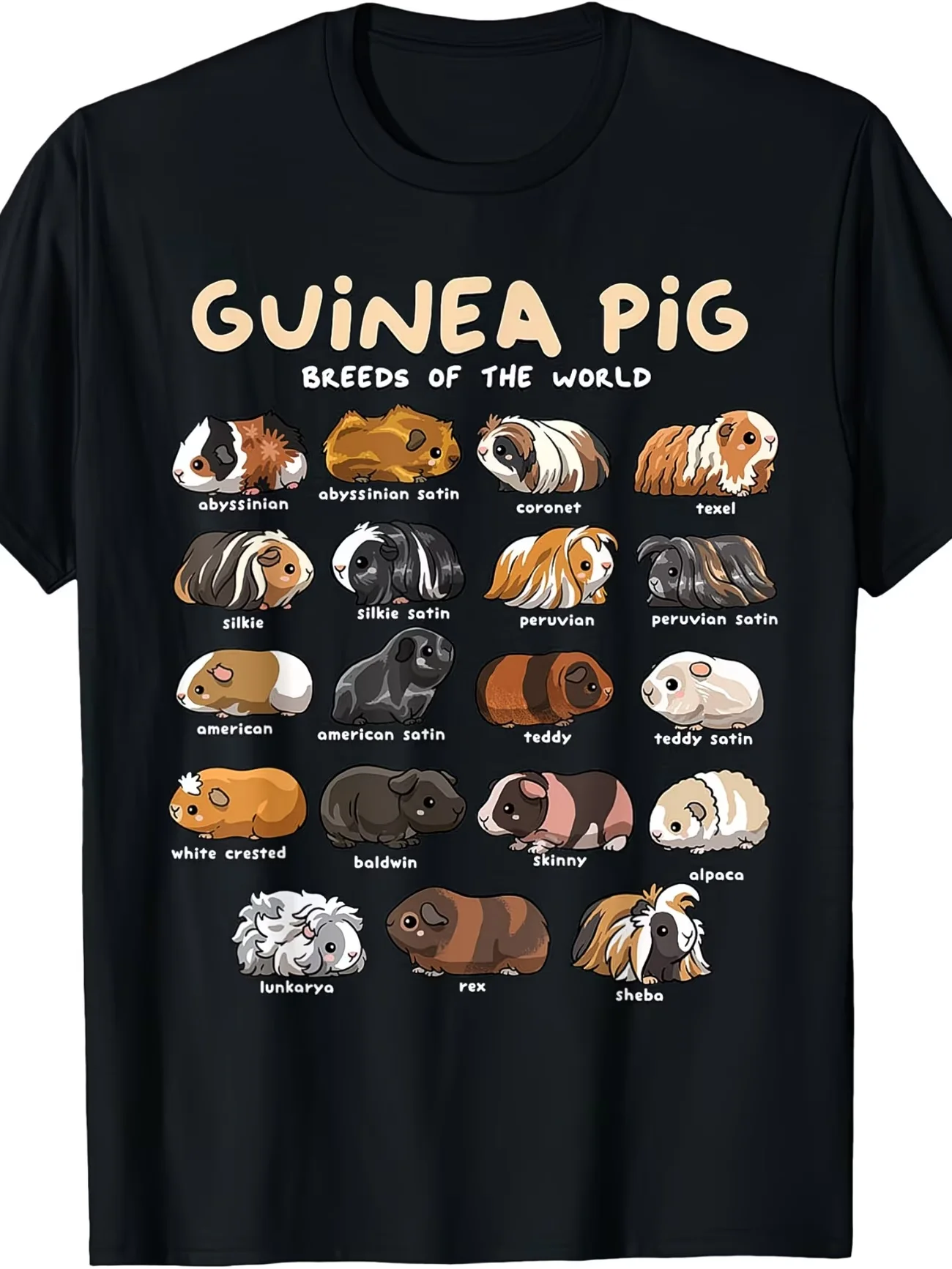 Meerschweinchen-Rassen der Welt Grafik-T-Shirt für Männer und Frauen Sommer Kurzarm Lässig Kawaii Cavy Tierliebhaber Harajuku T-Shirt Tops