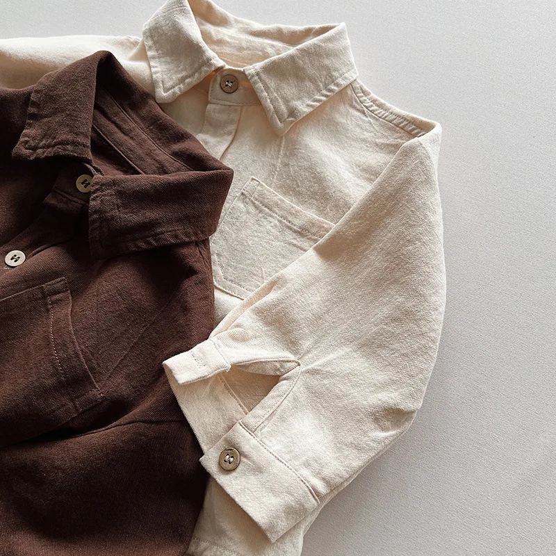 Spring Autumn Children Shirts 1-8Y Boys Cotton Pocket Solid Daily Long Sleeve Tops Korean Kids Wear Toddler Clothing New
