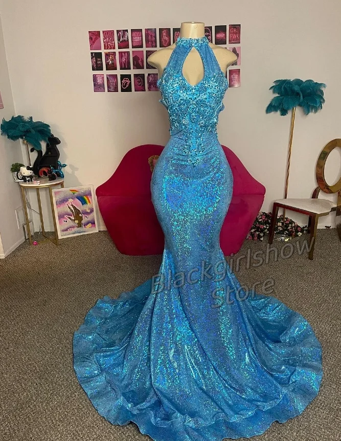 

Блестящее синее длинное платье для выпускного вечера 2024, роскошные сексуальные блестящие бриллиантовые черные платья-русалки с высоким воротником для подростков на день рождения