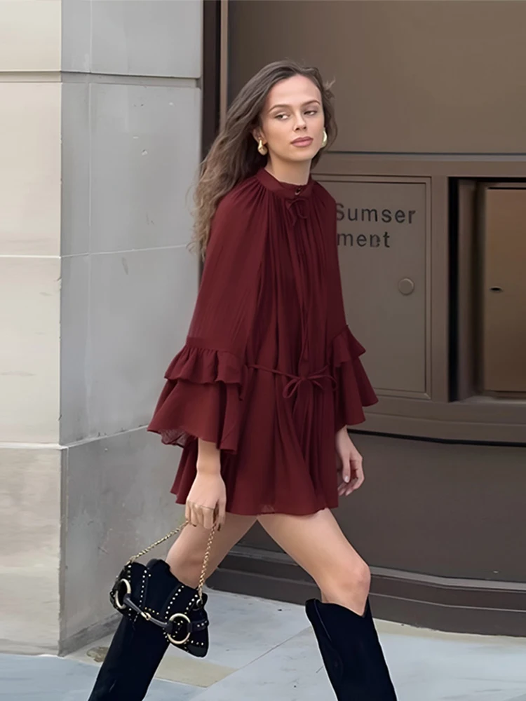 Casual Flounce Mini Dress Women Loose O Neck Long Sleeves Robe Female 2025 Spring Solid Lace Up Hollow Out Chiffon Dresses Lady 3