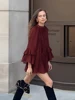 Casual Flounce Mini Dress Women Loose O Neck Long Sleeves Robe Female 2025 Spring Solid Lace Up Hollow Out Chiffon Dresses Lady 3