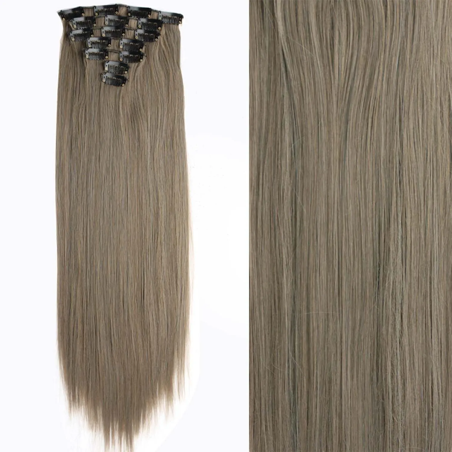 Elegant Long Straight Hair Extensions - Natural Synthetic Blonde & Black, Heat Resistant, 7-Piece Set with 16 Clips