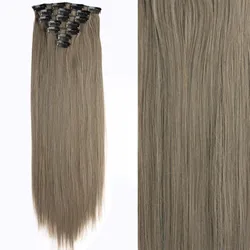 Elegant Long Straight Hair Extensions - Natural Synthetic Blonde & Black, Heat Resistant, 7 - Piece Set with 16 Clips - 24inches (10 - 60)