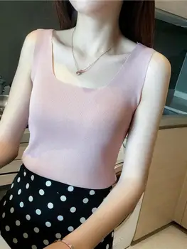 عالية الجودة أنيقة الأساسية U الرقبة الصيف الأبيض متماسكة المرأة تانك القمم مثير بلا أكمام تي شيرت خمر الأعلى عادية المحاصيل تي شيرت 5