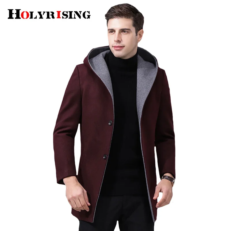 Holyrising Men Wool Coats Turn Collar Hooded Mens Overcoat Slim Chaqueta Larga Warm Peacoat Casacos Zipper Menswear 19011-5