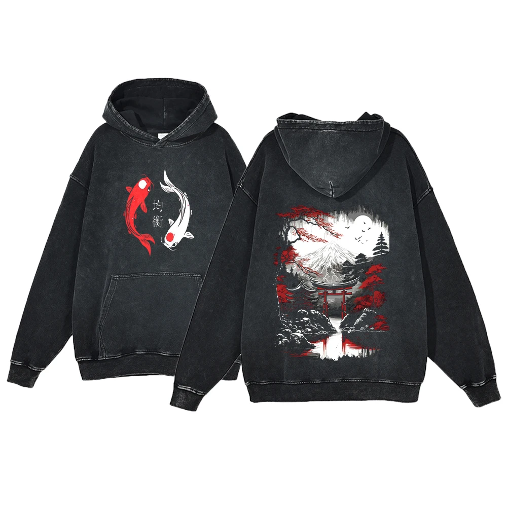 Y2K Anime Hoodie Ukiyoe Koi Fish Vintage Acid Wash Sweatshirt Men Hip Hop Hoodies Long Sleeve Oversized Harajuku Gothic Pullover