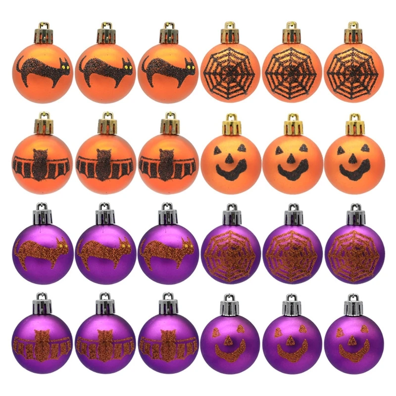 

12pcs Halloween Balls Hanging Pendants Spider Web Bat Cat Pattern Decorative Shatterproof Ornaments for Home Festival Decor