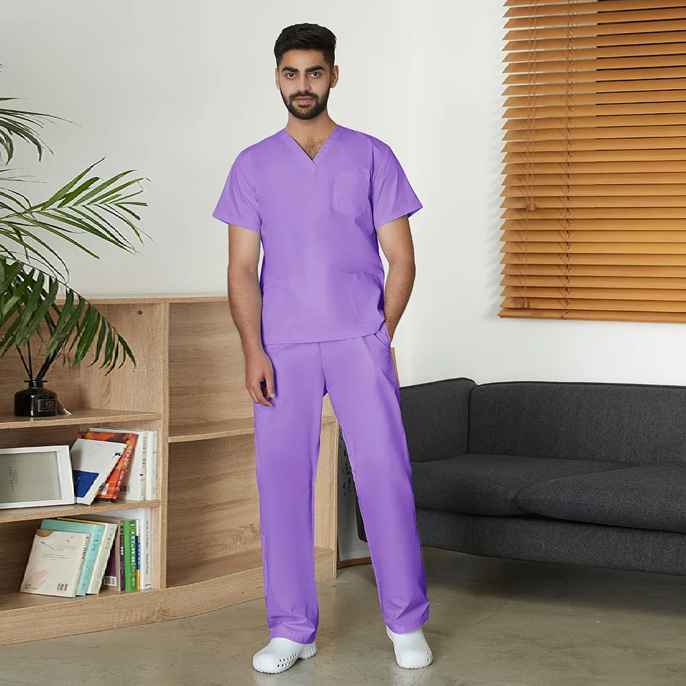 Men's Solid Color Medical Uniform Set Male Clinic Hospital Doctor Overalls V-neck Fashion Scrub Pharmacy Nurse Clothes