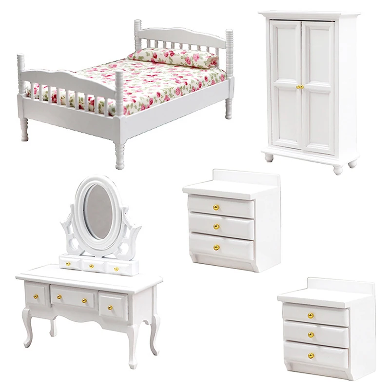 Beds & Furniture Bedroom Set Furniture Wooden Wardrobe for Bedroom Miniature Wardrobe Dolls Dollhouse Bedroom Bed Dresser 