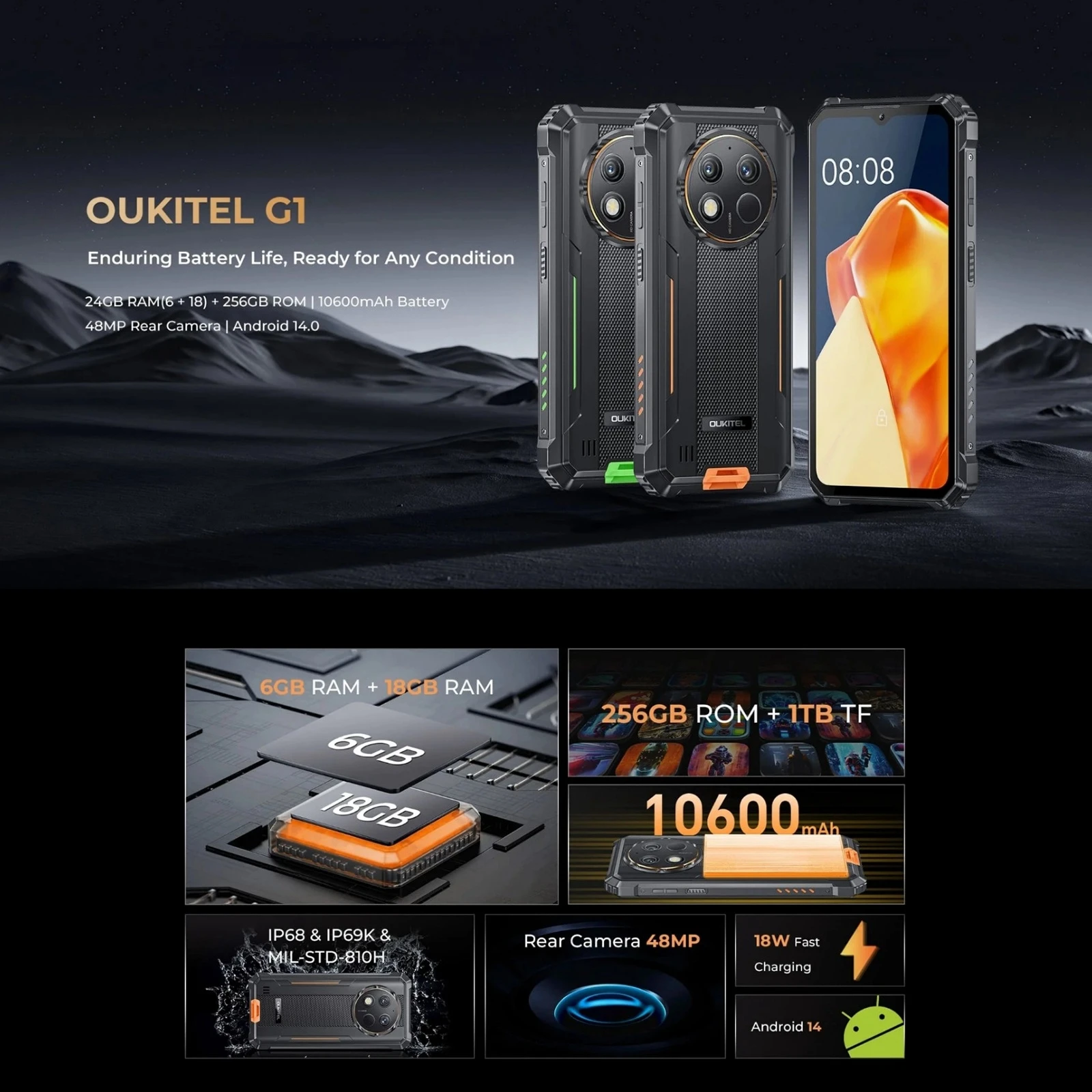 Oukitel G1 Rugged Phone 6GB+256GB 6.52‘' Fingerprint Identification 10600mAh 48MP Camera Unisoc T606 Octa-core NFC 4G Cellphone
