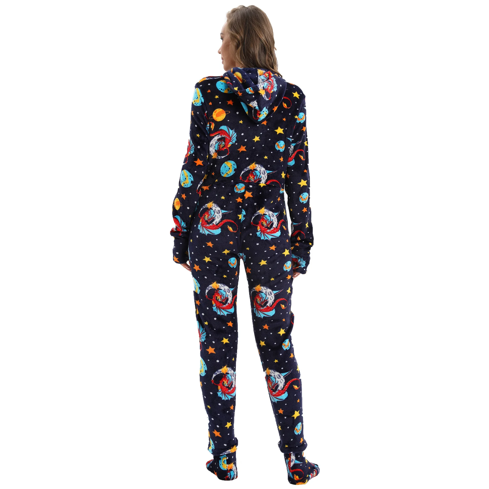 Warm Flannel Hooded Onesies Kigurumi Women's Space Print Pajamas Adults Winter Sleepwear Anime Costumes Jumpsuit