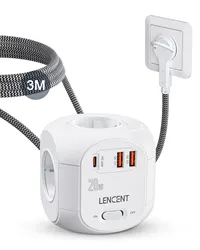 LENCENT Compact Power Cube with High-Speed Charging Ports and Braided Extension Cable - European plug (3M 4AC 2U1C PD20W)