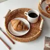 Food Plate Handwoven Plastic Rattan Storage Tray Round Shape Fruit Vegetable Cake Wicker Rattan Threads Basket With Handle 1