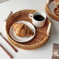 Food Plate Handwoven Plastic Rattan Storage Tray Round Shape Fruit Vegetable Cake Wicker Rattan Threads Basket With Handle 1