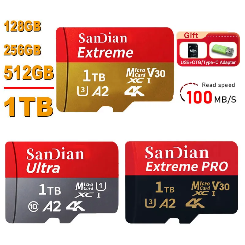 Cartão de memória original para telefone, mini cartão SD, Flash Card, câmera, MP3, MP4, 4K Micro TF, 512GB, 128GB, 1TB, U3, V30, Novo