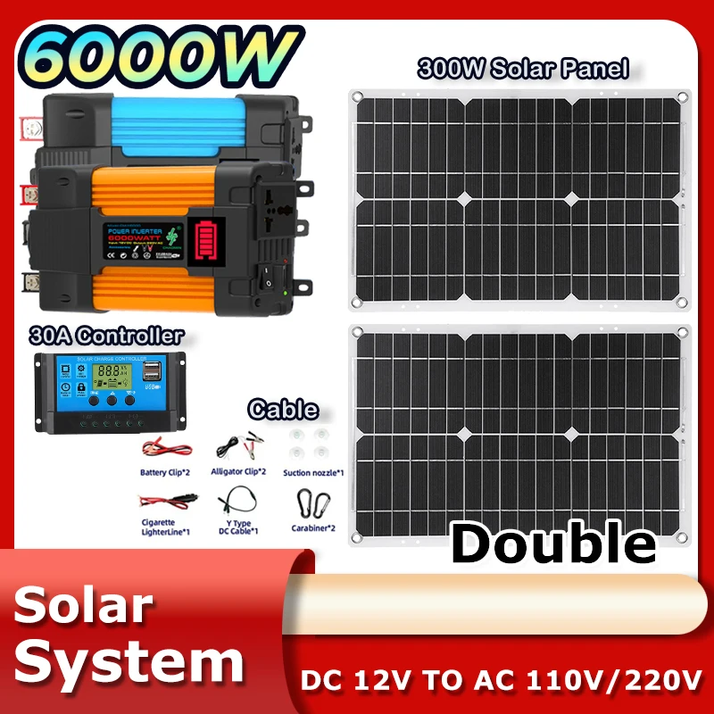6000W Interver Outdoor Power 12v Solar Power Generator Panel with 30A Solar Kit Charge Controller System Set Camping Car