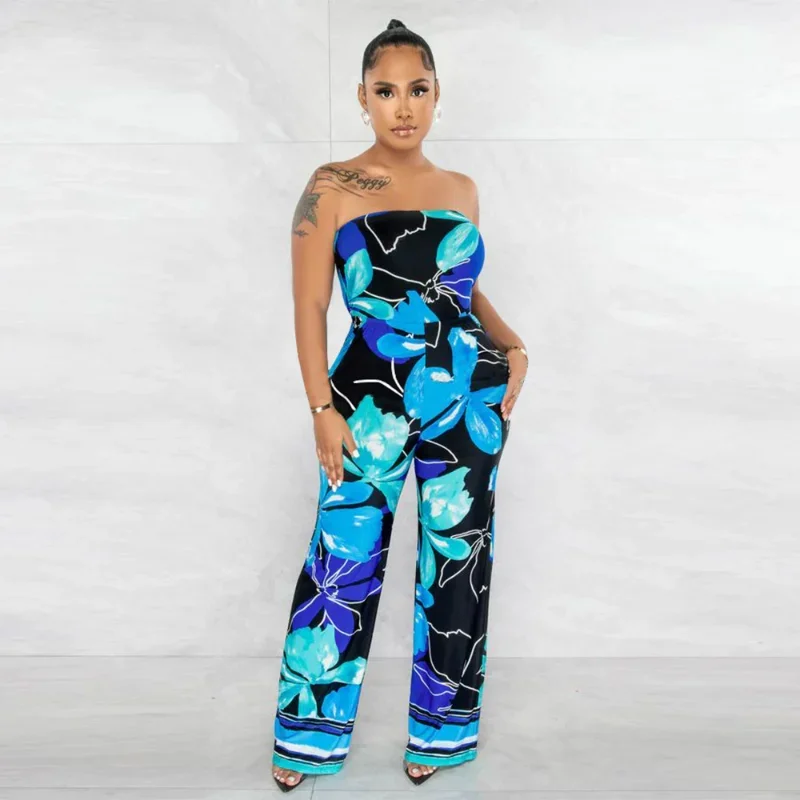 

WUHE Leaf Floral Printed Strapless Sleeveless High Waist Straight Wide Leg Women Jumpsuit Sexy Beach Playsuit One Piece Set