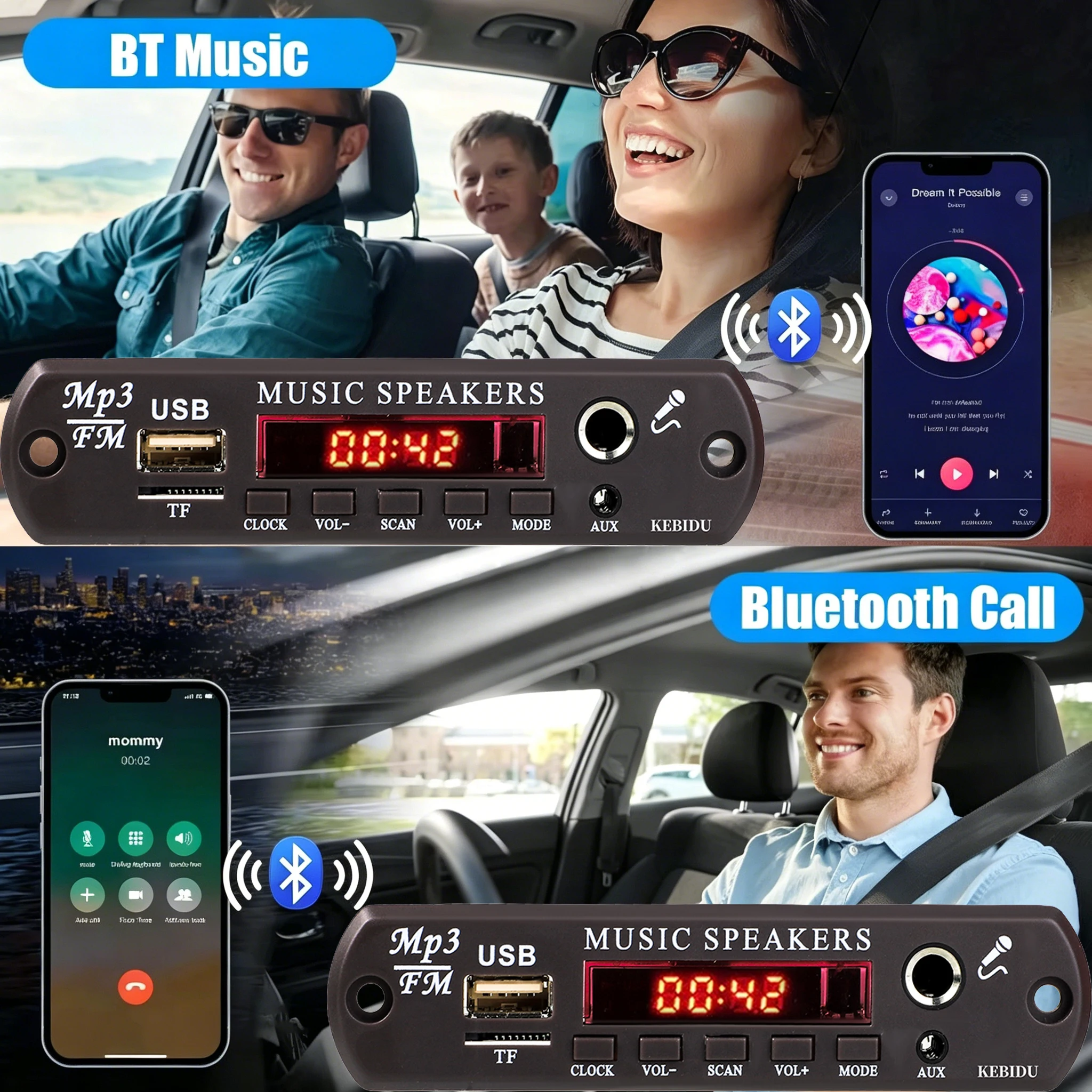 KEBIDU 60W 앰프 블루투스 5.3 MP3 디코더 보드 6.5MM 마이크 잭 DC 12V MP3 플레이어 하이파이 오디오 플레이어 FM 라디오 차량용 스피커 60W Amplifier Bluetooth 5