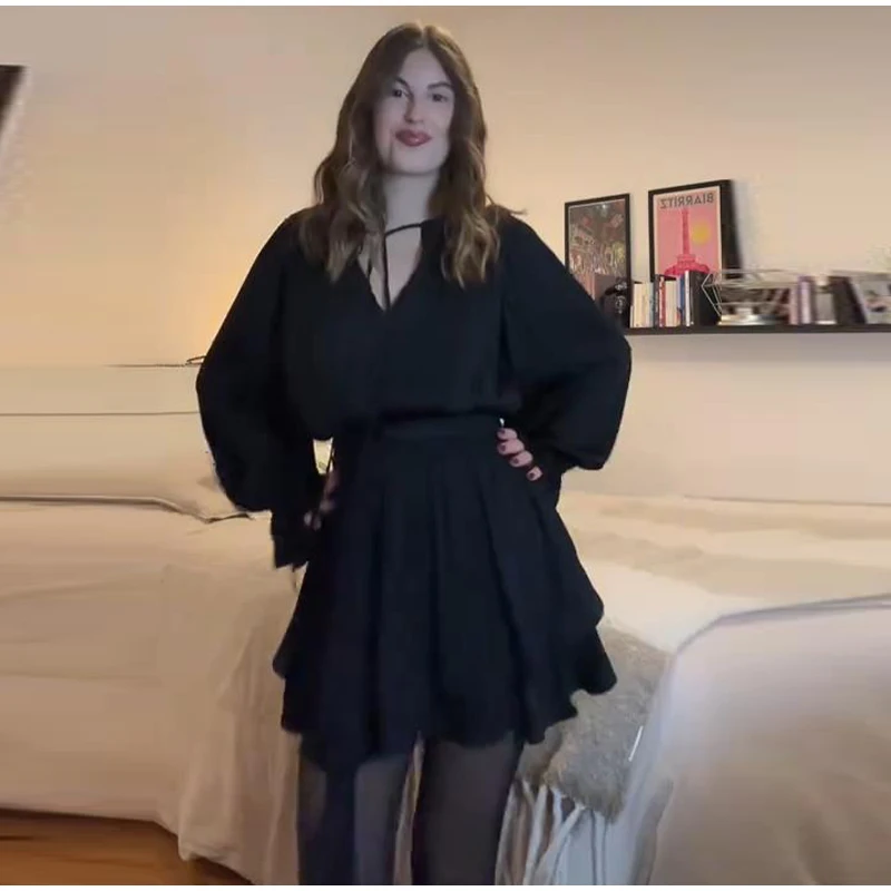 Rückenfreies, gebundenes Damen-Minikleid, einfarbig, V-Ausschnitt, hohle Taille, geraffte Flare-Ärmel-Kleider, Dame, 2026, Frühling, weibliche Party-Roben – Detail 20