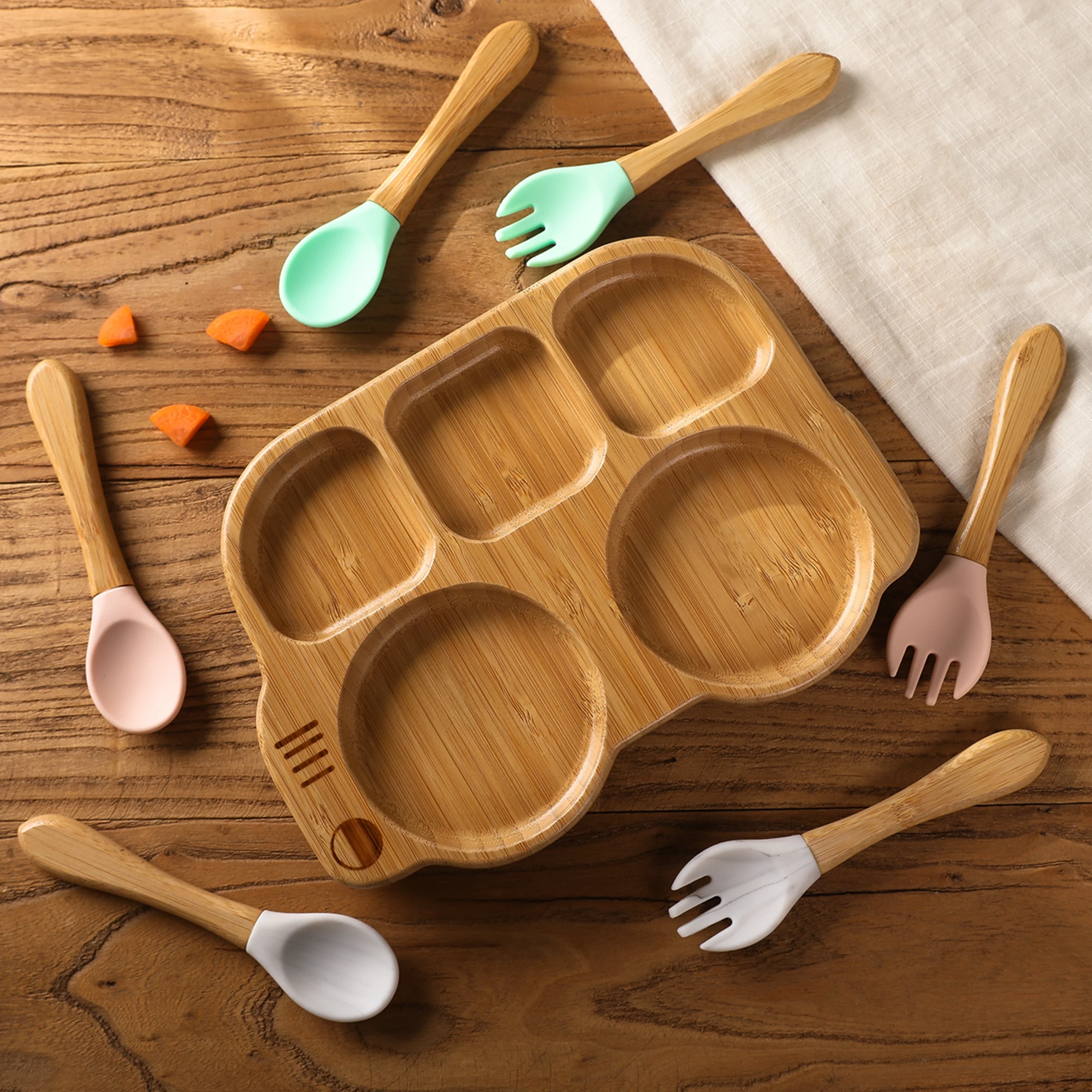 Baby Silicone Sucker Plate Spoon Fork Sets Children Feeding Tableware Set BPA Free Wooden Food Grade Dinner Plate Baby Stuff 3