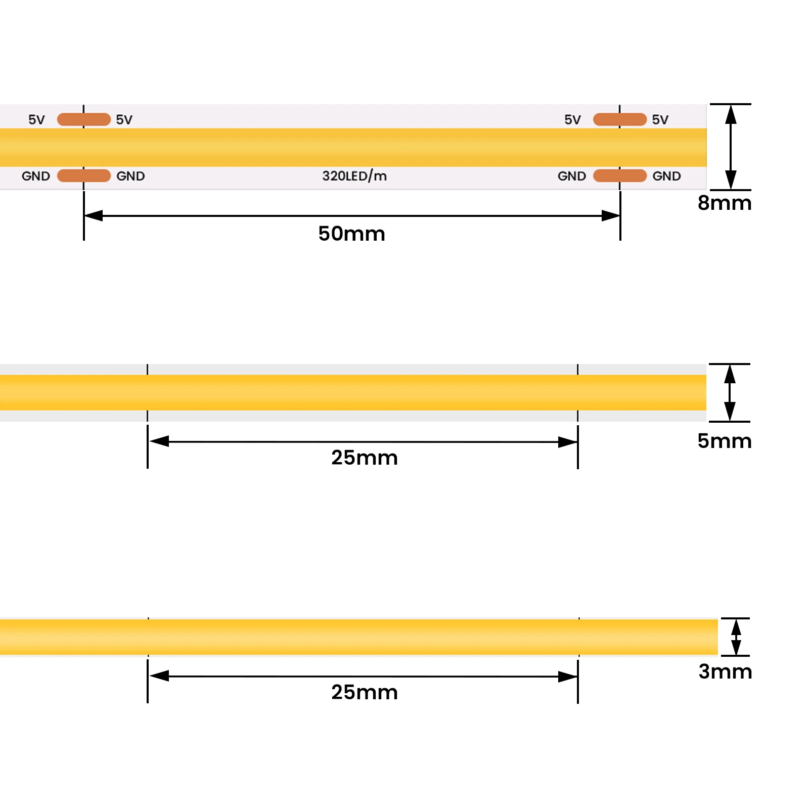 Description Picture 4 of item3mm 5mm 8mm COB LED Strip Light 5V 12V 320LEDs/m High Density Flexible LED Tape 3000K 4000K 6000K Kitchen Under Cabinet Light