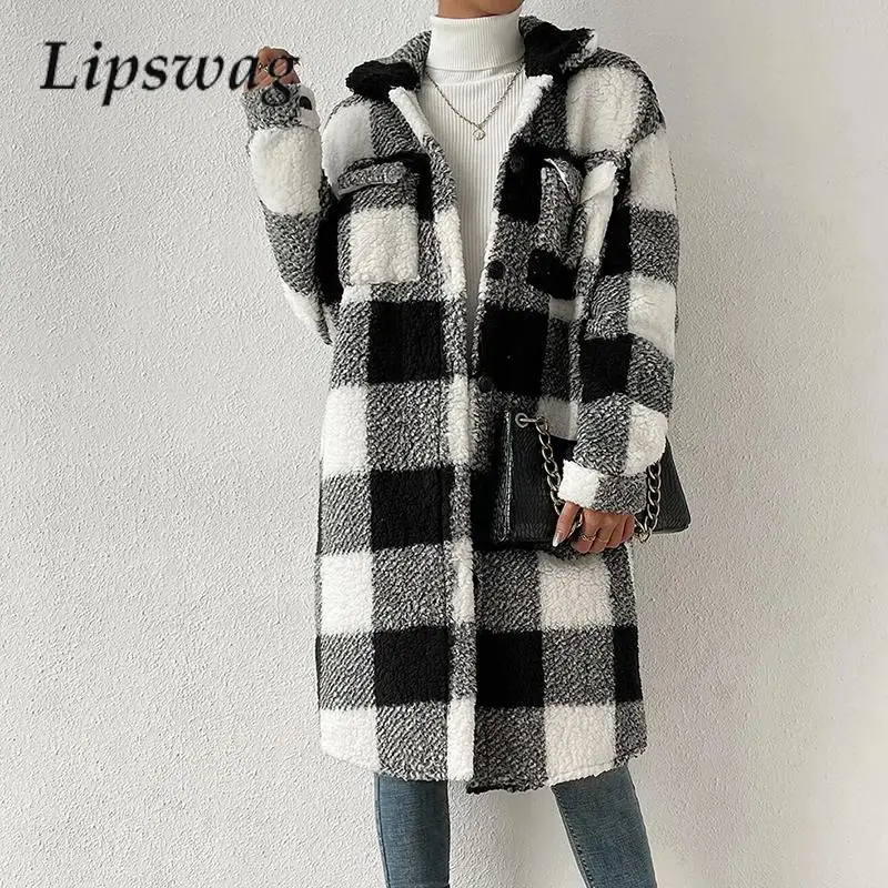 

Women Lapel Fleece Warm Commuter Jacket Autumn Winter Office Single-Breasted Coat Fashionable Plaid Long-Sleeved Cow Woolen Coat