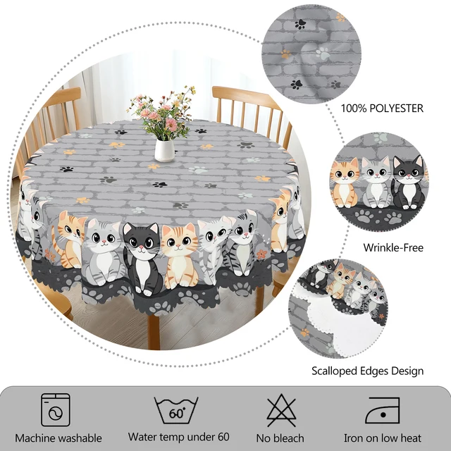 1 pièce de nappe rectangulaire grise rétro imprimé chat mignon, chat de printemps, patte de chat, nappe ronde à motif de pierre, décoration de fête, couverture de table de cuisine à domicile, utilisation intérieure et extérieure, décoration familiale, cadeau pour la famille et les amis 5
