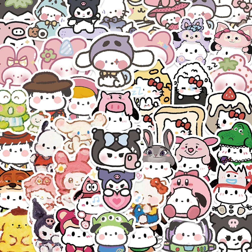 56pcs Mixed Cartoon Sanrio Stickers Cute Hello Kitty Cinnamoroll