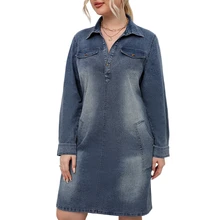 

Spring Plus Size 3Xl 4Xl 5Xl Casual Denim Tunic Dress Women Above Knee Jeans Dress Women Denim Long Sleeve Distressed Jean Dress