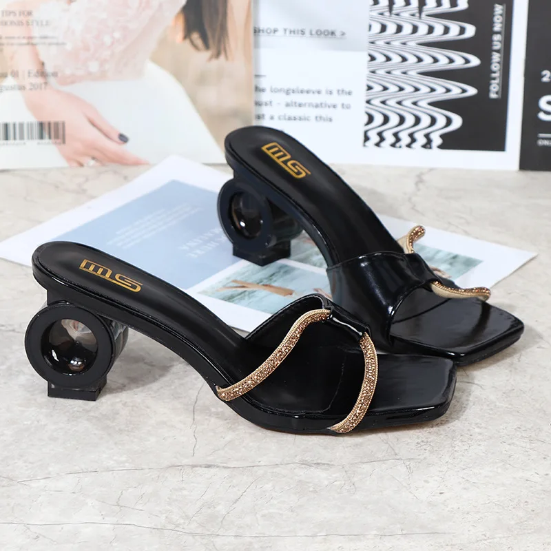 Plus Size 42 Women's Shoes 2022 Summer New PU Metal Chain High Heel Sandals Open Toe Fashion Simple Outer Women's Slippers