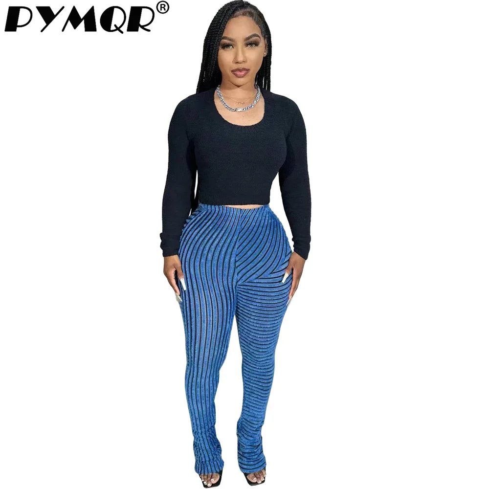 PYMQR New Fur Texture Elastic Slim Fitting Stacked Pants Women 2023 Winter Vintage Y2K Bodycon Sports Jogger Streetwear Trousers