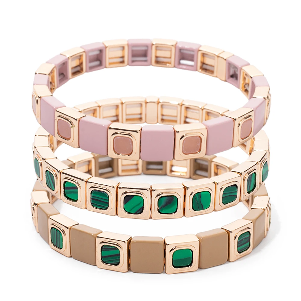 

2023 New Design 8x8mm Inlaid Nature Stone Bracelets For Women Gold Color Boho Elastic Bangle Handmade Inlaid Diamond Jewelry