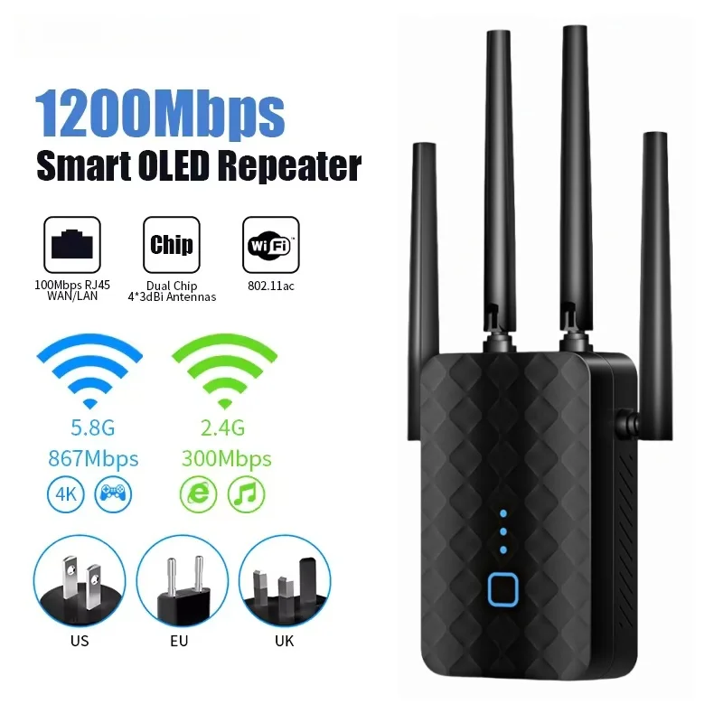 מחזיק WiFi חוזר 1200Mbps אלחוטי דו פס 2.4G 5GHz מרחיב WiFi 802.11ac מגבר ג'יגהביטי ראוטר מגביר אות טווח ארוך