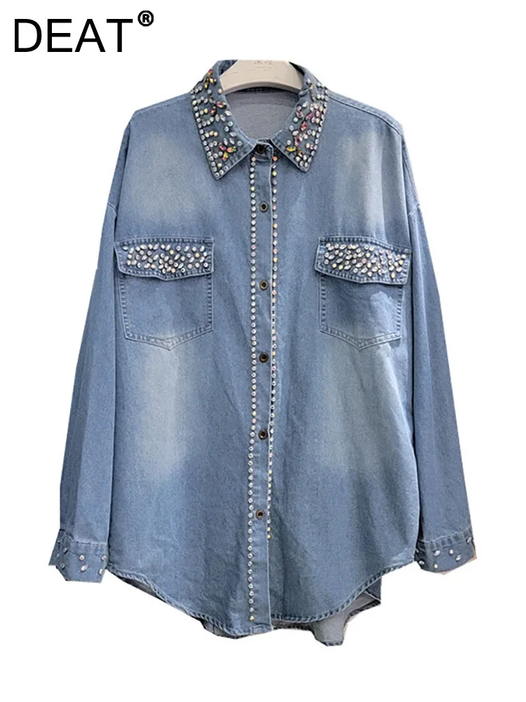 

DEAT Women's Denim Shirt Loose Patchwork Colored Diamonds Pockets Blue Single Breasted Blouse 2024 Spring New Fashion 29L6964