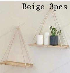 Rustic Wood Hanging Rope Wall Shelf Set - Floating Shelves for Home Decor and Storage (Beige 3pc)