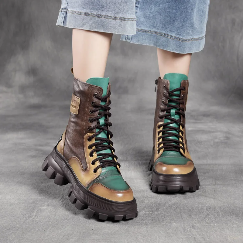 

New Arrival Hot Sale First Layer Cowhide Colorblock Dr. Martens Leather Casual Motorcycle Platform High Heel Thigh High