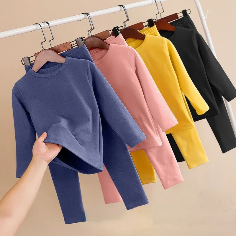 Winter Solid Color Children Thickened Warm Underwear Set Boys Girls With Warm Backing Autumn Clothes Autumn Pants Pajamas Set