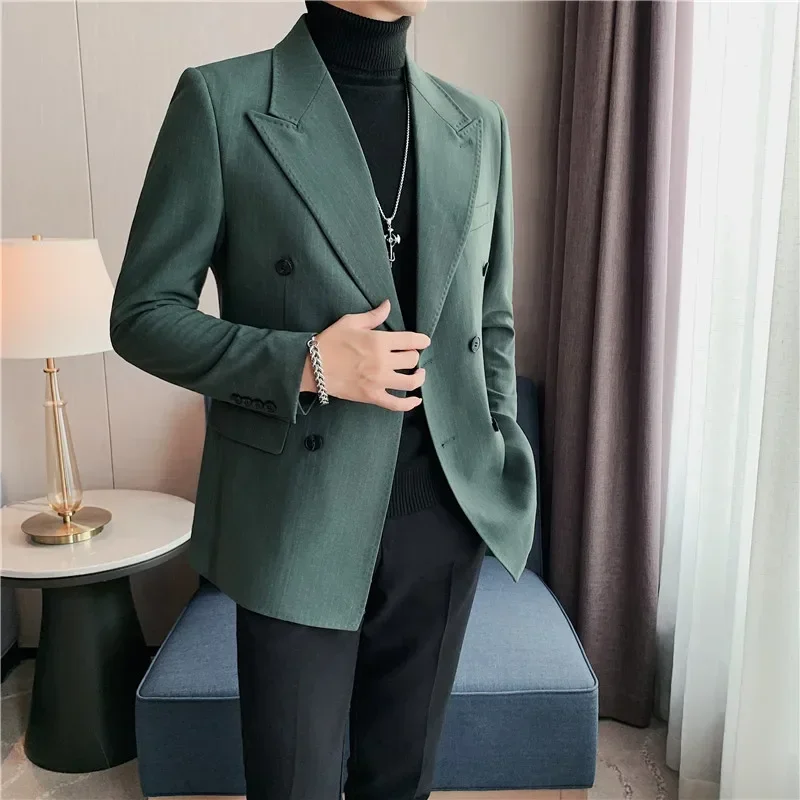 Men Suits Jackets British Style Men Stripe Slim Fit Double Breasted Blazer Jackets