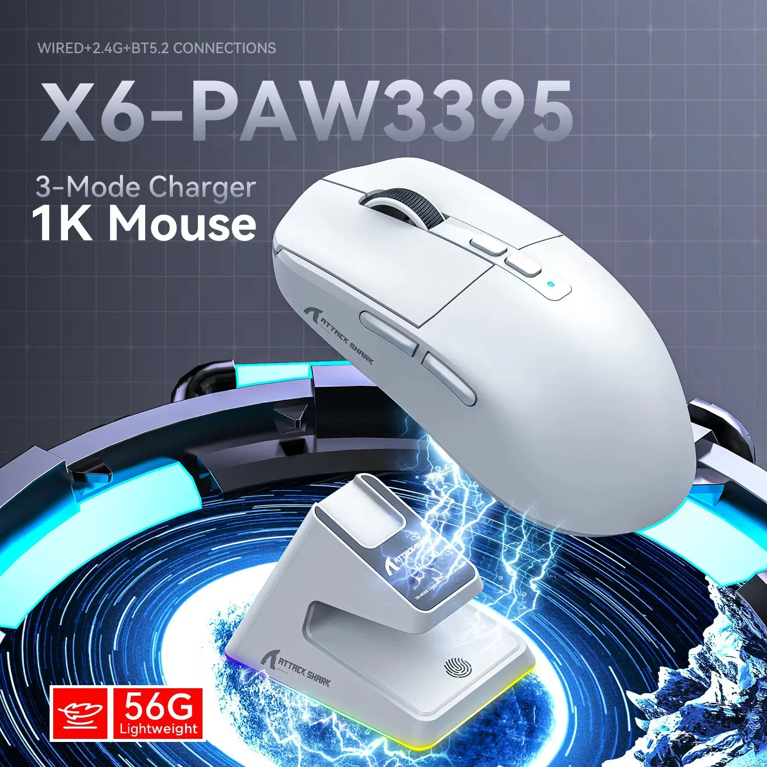 

Attack Shark X6 Bluetooth Mouse PixArt PAW3395 custom Tri-Mode Connection RGB Touch Magnetic Charging Base Macro Gaming Mouse