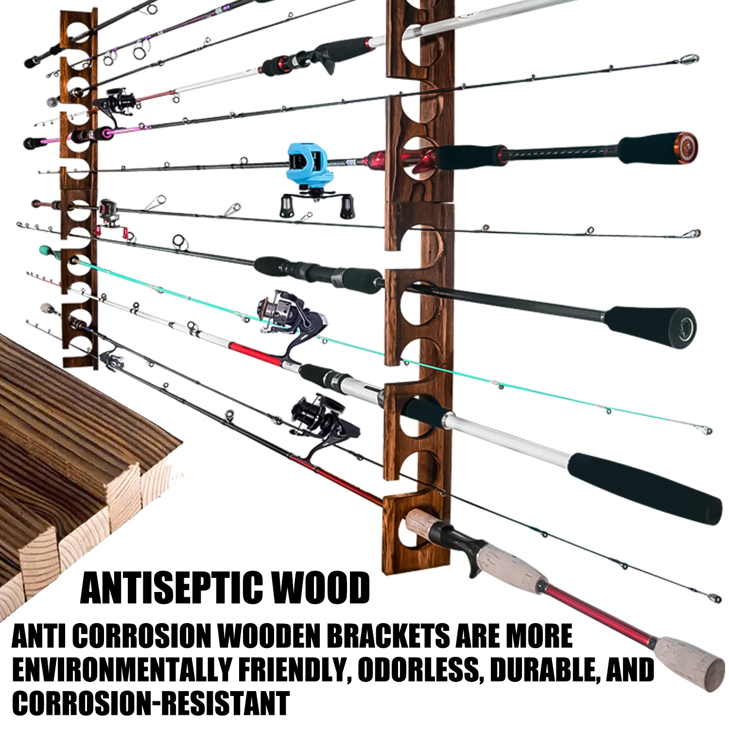 SAMOLLA 2set 12 Rod Capacity Fishing Rod Rack Anti Corrosion Solid Wood Fishing Gear Pole Racks Wall