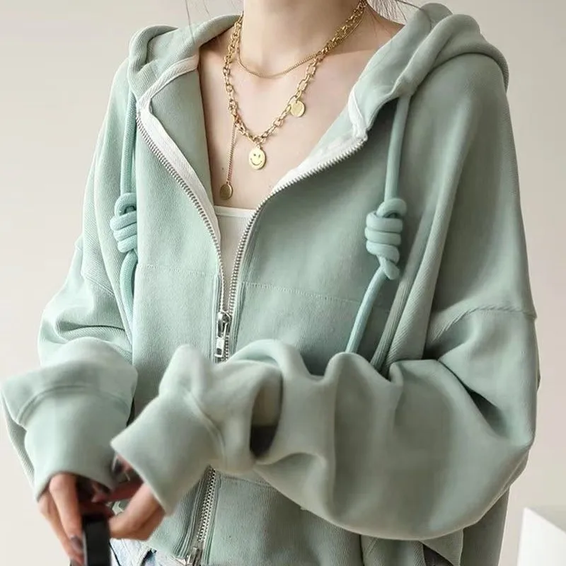 

Yasuk Spring Autumn AllSeason Casual Pullover Full Zip Hoodie Solid Gentle Women's Loose Cardigan Sporty Versatile Drawstring