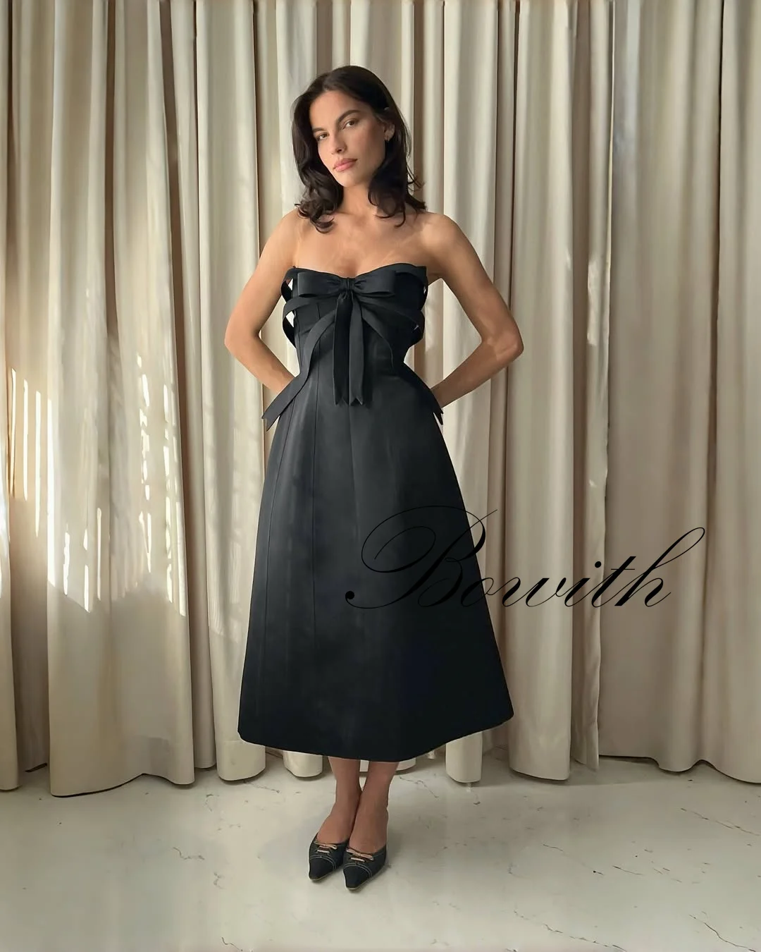 Bowith 3D Bow Mini Party Dresses Strapless A Line Wedding Party Dress Customized Pleats Women Prom Gown Short Evening Dresses 2