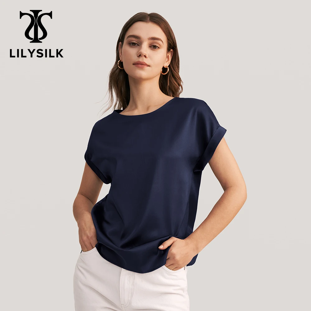 LILYSILK Casual Short Sleeves Loose Silk Shirt for Women - Navy Blue