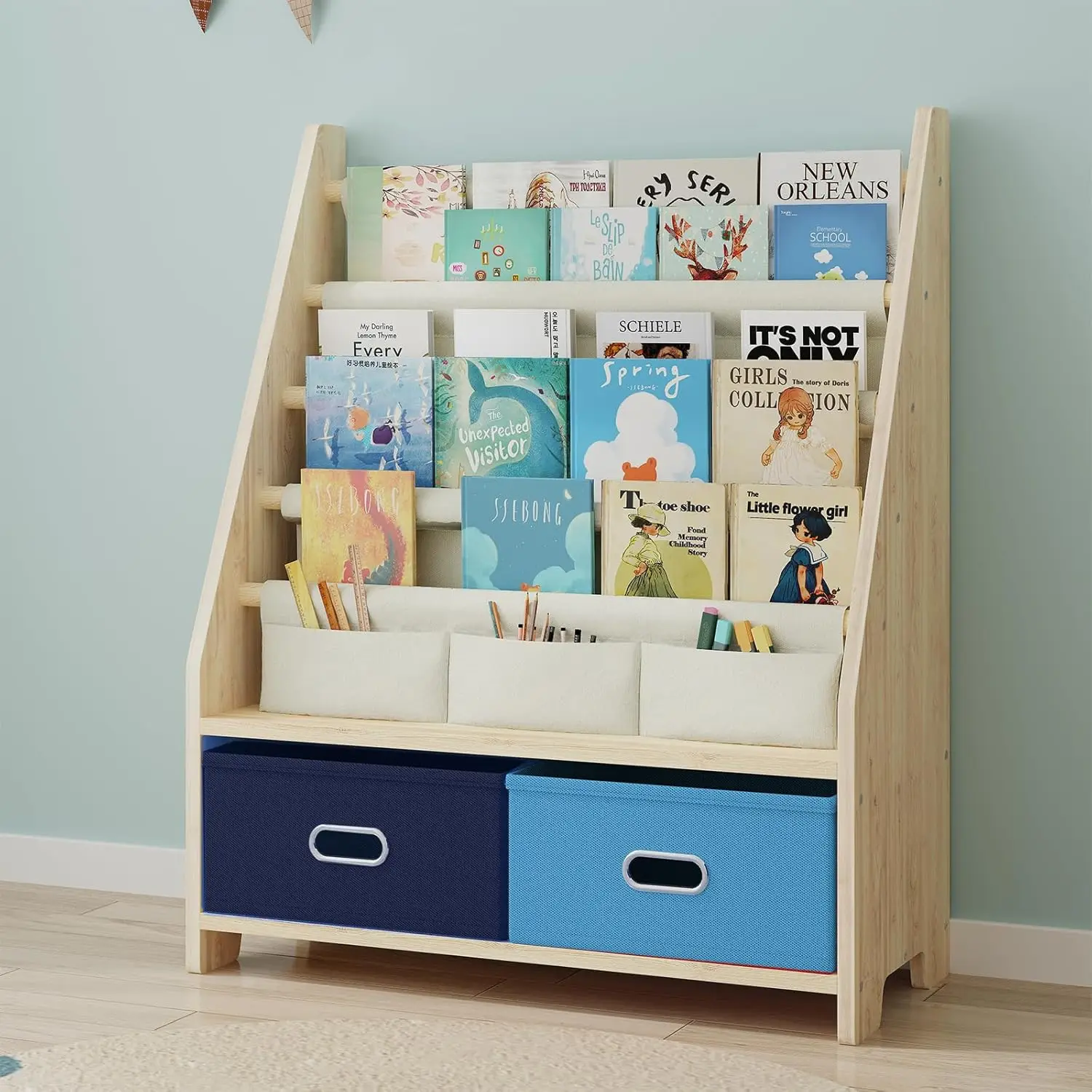 4-Tier Wooden Kids Book Rack with Toy Storage 1
